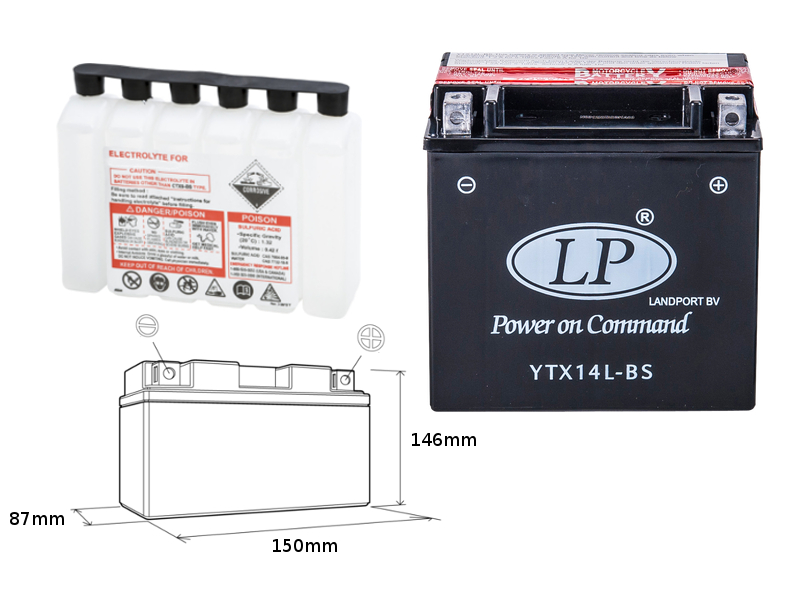 LANDPORT akumulátor YTX14L-BS (MA LTX14L-BS) 12V 12AH 152X88X147 (HARLEY DAVIDSON 883/1200) bezúdržbový - elektrolyt zvlášť (3) UE2019/1148
